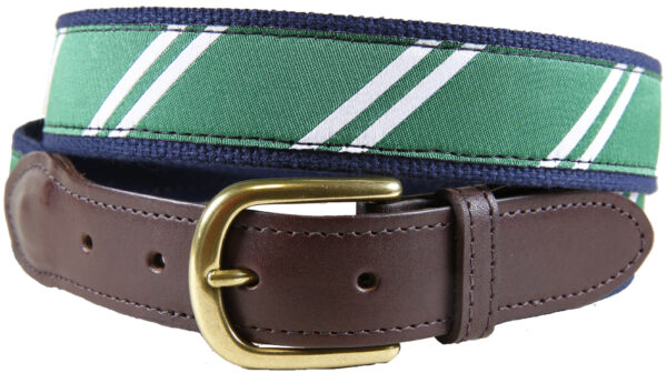 Repp Stripe Leather Tab Belt - Green & White - Made to Order